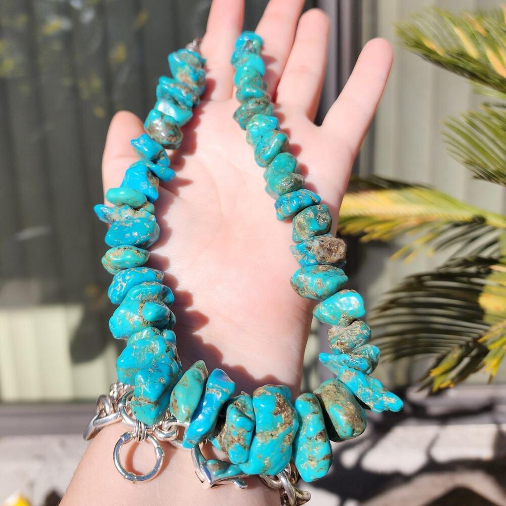 Vtg Santo Domingo Kingman Turquoise Necklace Blue Chunk Nugget Kewa Native Pawn - Picture 16 of 17
